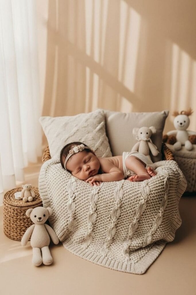 Professional newborn photography service in Malappuram with a peacefully posed baby.